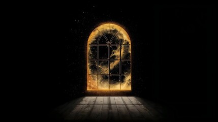 Mystical Aperture: Arched Window Glowing with Golden Dust and Magic