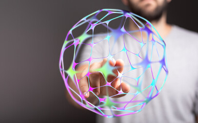 Person holding glowing 3D digital sphere representing connection, communication, data, technology, and global networks. Concept of th