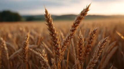 Fototapeta premium Close up of golden wheat stalks in a sun drenched agricultural field during the golden hour showcasing nature s bounty