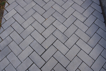 Close-up overhead view of a paved surface made of gray rectangular concrete or stone pavers set in...