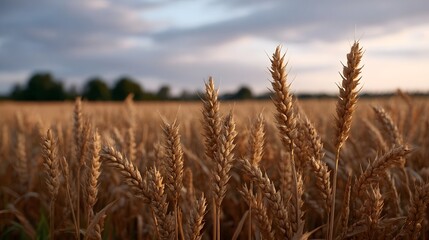 Fototapeta premium Golden wheat ears in a vast agricultural field illuminated by the warm soft light of sunset with a hazy sky and distant trees