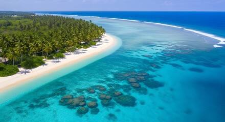 Aerial view of a tropical island coastline with palm trees and clear turquoise ocean water