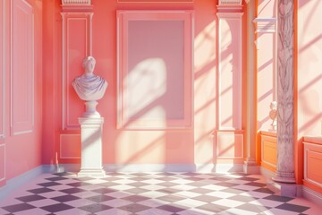 Fototapeta premium Sunlight streams into coral pink museum room with marble bust and checkered floor, creating beautiful light and shadows