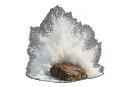 Ocean water breaking on a rugged rock, creating a dramatic splash of white foam and spray. Isolated element