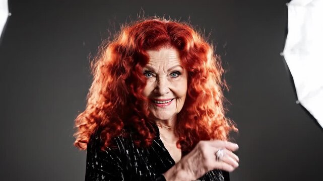 Vibrant Redhead Portrait - A beautiful, older woman with bright blue eyes and red hair smiles at the camera. Her hair is styled in a dramatic, voluminous way, and she is wearing a black velvet shirt.