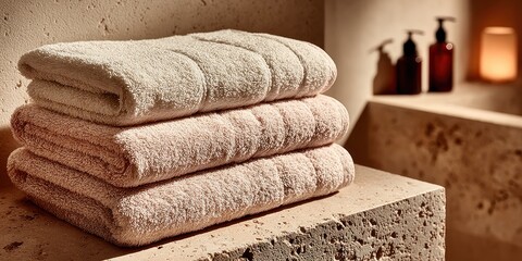 Soft, freshly clean towels are neatly piled in a calming spa environment with soft lighting