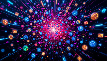 Abstract Digital Connectivity Burst with Glowing App Icons and Neon Lines. Global Data Flow and Technology Network Background.
