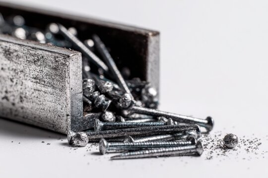 Metal nails spilled from a container showcasing sharp points and shiny surfaces