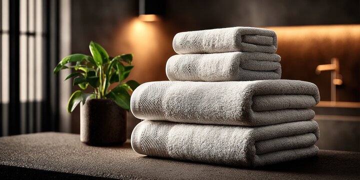Soft, freshly laundered towels are stacked neatly on a counter, accompanied by a plant in a cozy wellness environment