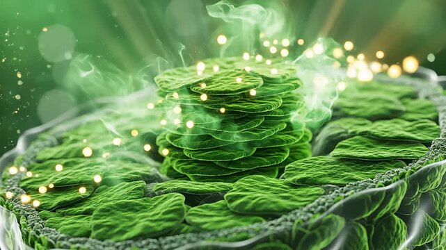Chloroplast Structure Showing Synthesis Process With Light Particles