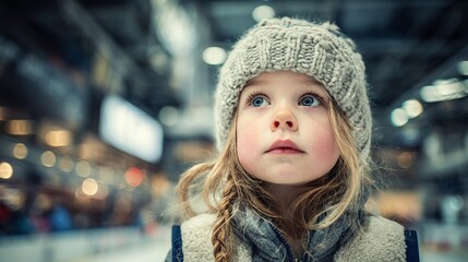 Little girl with striking blue eyes, a knitted hat, and braided hair gazes upwards with childlike wonder at what awaits her in the indoor arena, filled with soft lights.