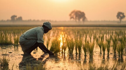 Sunrise silhouettes a farmer tending to rice paddies, planting seedlings in a serene field. The golden light reflects on the water, highlighting the essence of agrarian life.