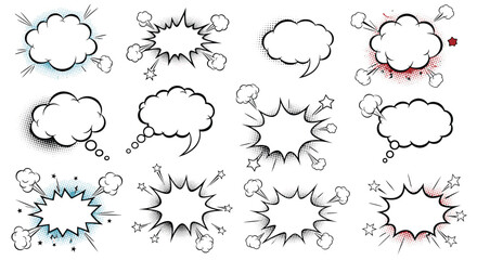 Collection of comic book style speech and thought bubbles with explosion effects.