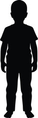Black silhouette of standing child in short-sleeved shirt and pants, vector illustration for educational, artistic, and design use