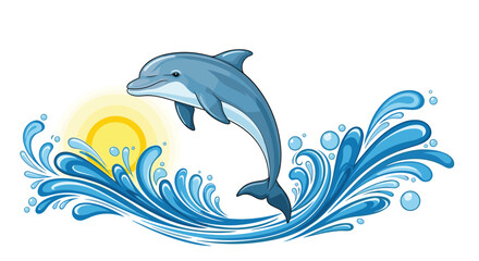 Obraz premium A playful blue dolphin leaps from the ocean waves under a bright sun.
