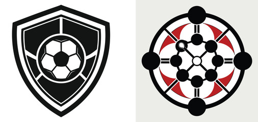 Set of vector icons including a soccer ball in a shield and a circular molecular structure isolated on a white background