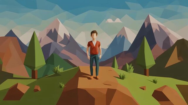 A low-poly illustration of a person standing on a path with geometric mountains and trees in the background, rendered in a modern digital art style.