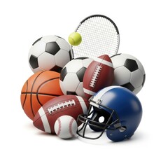 Collection of various sports equipment isolated on white background