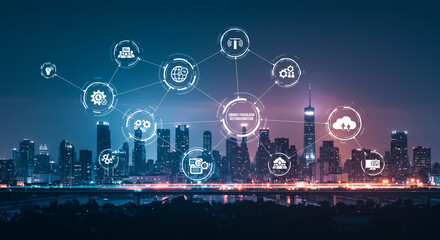 Dynamic cityscape illuminated by futuristic digital network connecting smart city innovations and global data flow