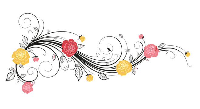 Decorative floral flourish with roses and swirls in yellow, pink, and red on a white background.