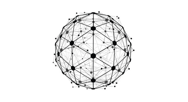 Abstract geodesic sphere made of black nodes and thin connecting lines against a white background.