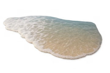 Ocean wave washing onto a sandy beach with white sea foam, creating a dynamic effect. Transparent background for versatile use