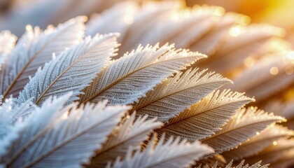 Macro view of frost feathers shining in morning light, detailed winter texture resembling delicate ice leaves on glass, expressing fragile beauty, elegance, and natural geometry of frozen patterns