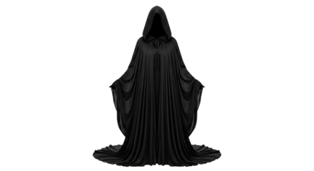Mysterious hooded figure draped in flowing black robes against a stark black background