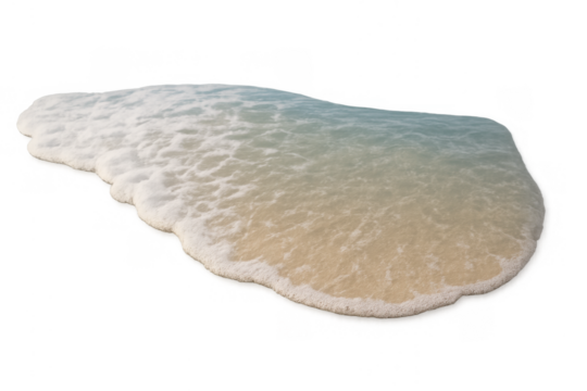 Ocean wave washing onto a sandy beach with white sea foam, creating a dynamic effect. Transparent background for versatile use