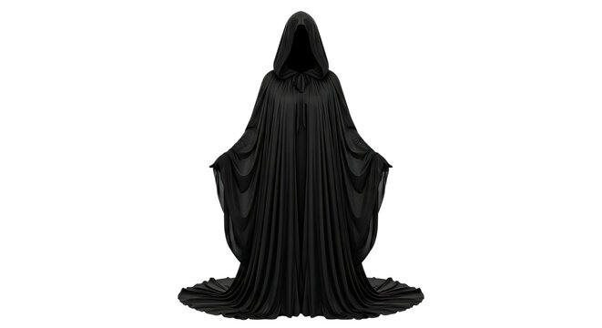 Mysterious hooded figure draped in flowing black robes against a stark black background - Powered by Adobe