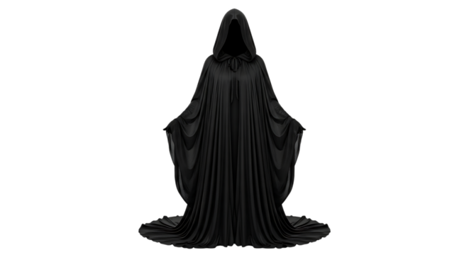 Mysterious hooded figure draped in flowing black robes against a stark black background - Powered by Adobe