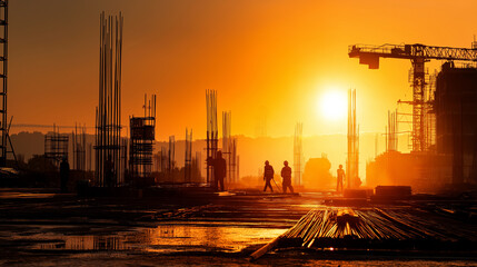 Industrial construction site with reinforced steel bars, concrete mixers, cranes, worker silhouettes, sunset warm glow.