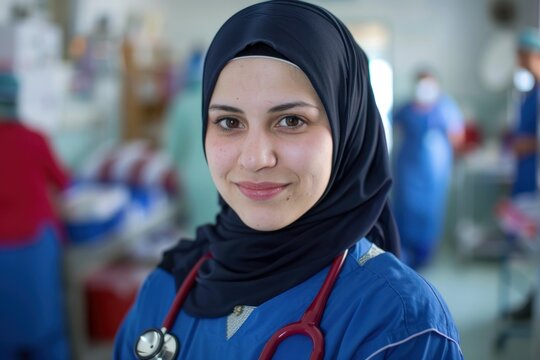 Portrait of a muslim female doctor smiling in a hospital wearing hijab and scrubs