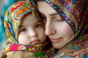 Muslim mother and daughter wearing colorful hijabs, embracing and sharing a tender moment together