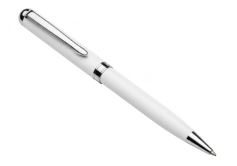 Elegant white ballpoint pen with silver accents and clip for writing and note taking isolated on transparent background