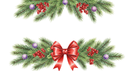 Watercolor christmas frame with fir branches, red berries and bow isolated on transparent background
