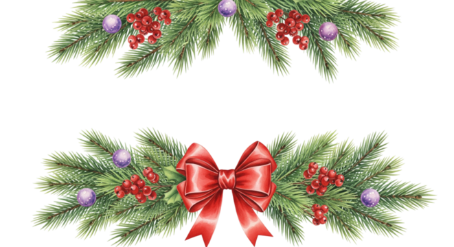 Watercolor christmas frame with fir branches, red berries and bow isolated on transparent background - Powered by Adobe