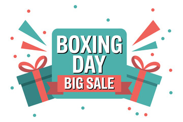 Boxing Day Big Sale promotional graphic featuring gift boxes and confetti.