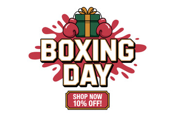 Boxing Day sale event featuring a gift box, boxing gloves, and a discount offer prompting shoppers to buy now and save 10 percent.