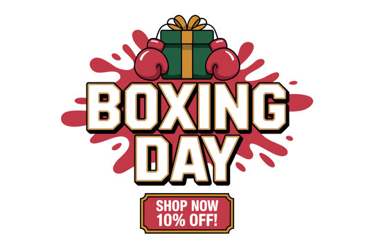 Boxing Day sale event featuring a gift box, boxing gloves, and a discount offer prompting shoppers to buy now and save 10 percent.