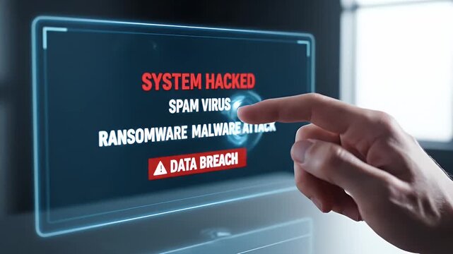 System Hacked Message on Blue Screen with Male Hand Gesture Representing Cyber Security Threat and Data Breach Against Dark Background