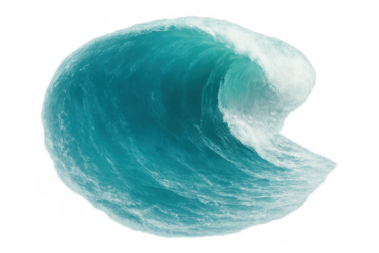 Ocean wave breaking with powerful water energy on transparent background, symbolizing movement and aquatic dynamics