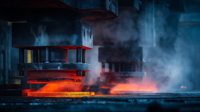 Industrial metal forging shop, red-hot metal being hammered, glowing steel, powerful presses, heat haze, dramatic industrial lighting, macro detail.