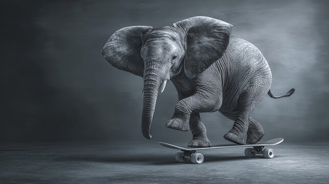 Witness an incredible display of skill as a majestic elephant defies expectations and rides a skateboard, showcasing balance & agility against a muted gray backdrop.