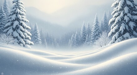 Serene winter forest landscape with snow covered pine trees and gentle rolling hills