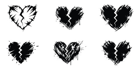 Distressed broken hearts set in black grunge style, perfect for edgy designs