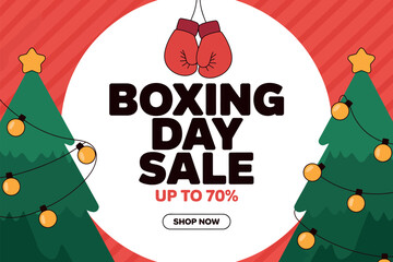 Boxing Day sale event with festive Christmas trees and red boxing gloves, promoting up to 70% off discounts.