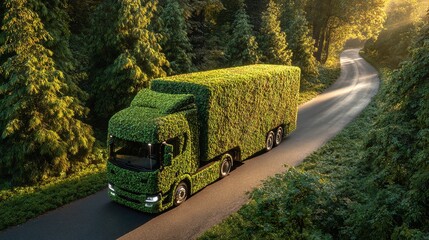 Eco-Friendly Logistics: A vehicle covered in plants symbolizing sustainable transport drives through lush greenery, highlighting environmental consciousness and eco-innovation on the road.