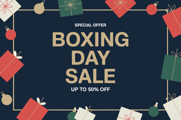 A special offer boxing day sale with up to 50% off is promoted on a dark blue background surrounded by gift boxes and ornaments.