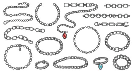 Collection of various silver chain necklaces and bracelets with charms and pendants.